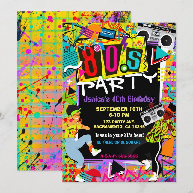 Retro Roligt Bright 80's Party People Birthday Inbjudningar (Fram/baksida)