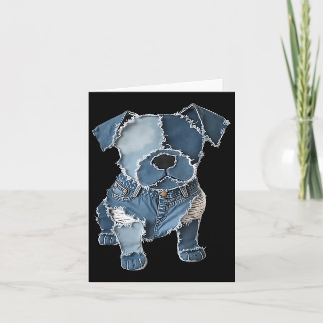 Retro Roligt Denim Lappdjur Hundtryck  Kort (Framsida)