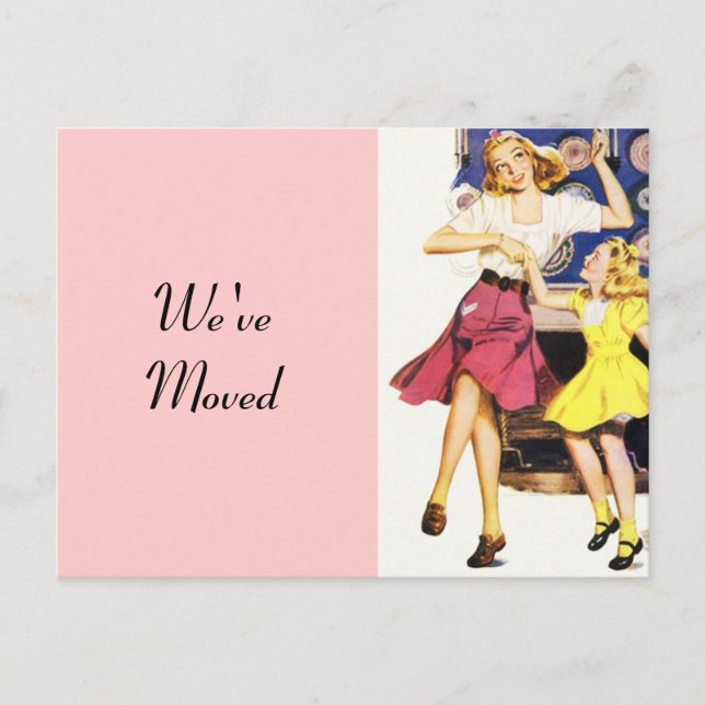 Retro-Roligt-dotter med vykort Flyttat Ny adress (Framsida)