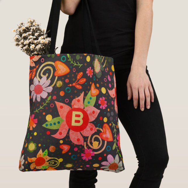 Retro Roligt Initial Blommigt Boho Inspirief tote Tygkasse (Skapare uppladdad)