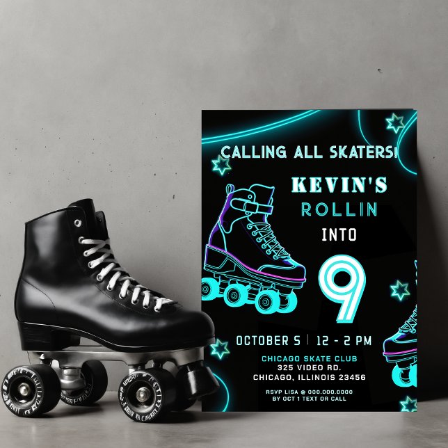 Retro Roligt Neon Glow Roller Skate Birthday Inbjudningar (Retro Fun Neon Glow Roller Skate Birthday Invitation)