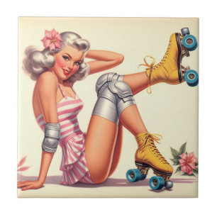 Retro Roller Girl Pin Up Kakelplatta