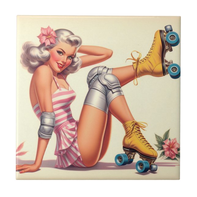 Retro Roller Girl Pin Up Kakelplatta (Framsidan)