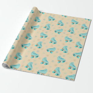 Retro Roller Skates Teal and Tan Patterned Presentpapper