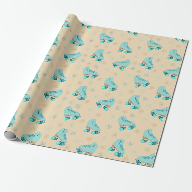 Retro Roller Skates Teal and Tan Patterned Presentpapper (Utrullad)