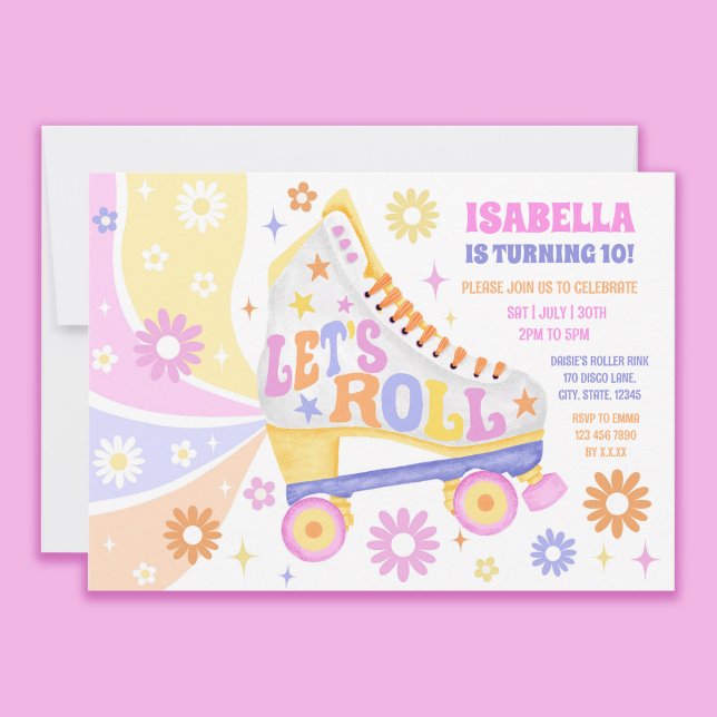 Retro Roller Skating Disco Födelsedagsfest Inbjudningar (Let's roll on into the party! Invite your guests with this colorful retro roller skate invitation!)