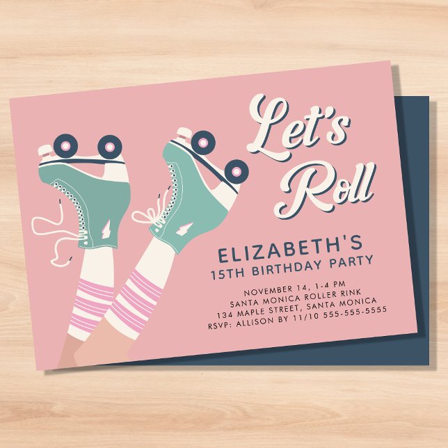 Retro Roller Skating Födelsedagsfest Rosa  Inbjudningar (A cool roller skating birthday party invitation with a retro vibe)