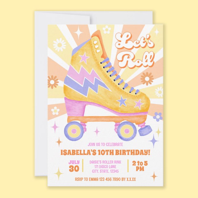 Retro Roller Skating Party Inbjudningar (All the retro vibes for this roller disco birthday party invitation themed in yellow and orange.)