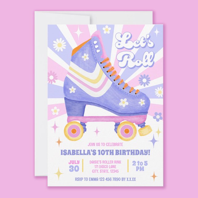 Retro Roller Skating Party Inbjudningar (Have fun customising this pink and purple themed retro roller skate invitation!)