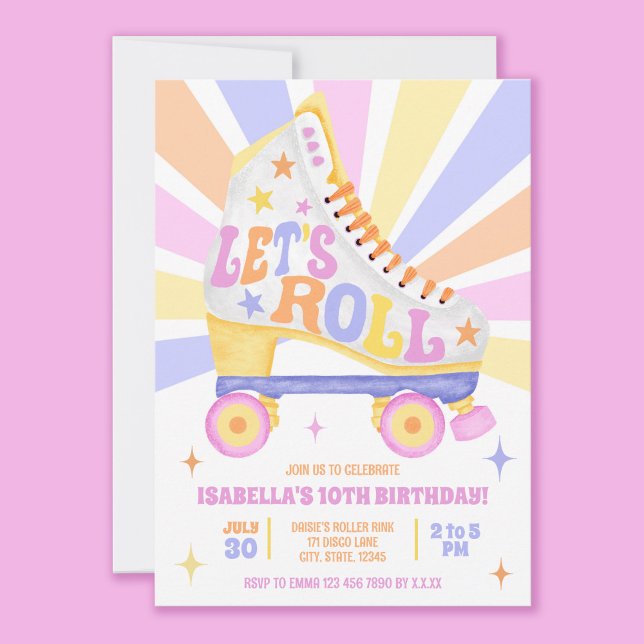 Retro Roller Skating Party Inbjudningar (Let's Roll on into the party with these bright and fun roller skate  invitations.)