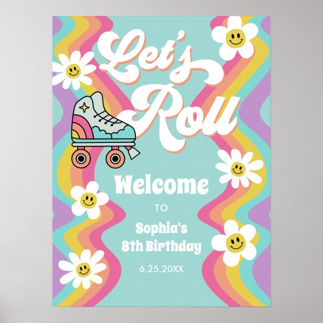 Retro Roller Skating Rainbow Birthday Poster (Framsidan)