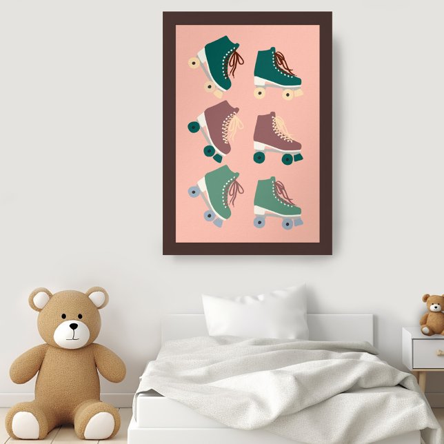 Retro Rollerskates Grönt Dusty Rosa Groovy Coola Poster (Retro Rollerskates Green Dusty Pink Poster Nursery Playroom Vintage Cute Groovy Wall Art)
