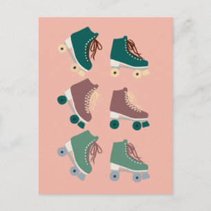 Retro Rollerskates Grönt Rosa Vykort