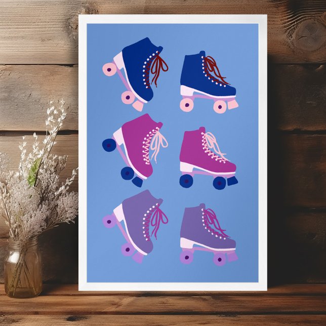 Retro Rollerskates Lila Rosa Poster (Retro Rollerskates Purple Pink Poster Wall Art Cute Kids Nursery Playroom )