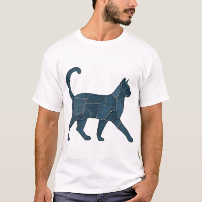 Retro Rollig Denim Lapp Djur Katt T-Shirt (Framsida)
