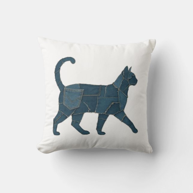 Retro Rollig Denim Lapp Djur Katt T-Shirt Kudde (Framsida)
