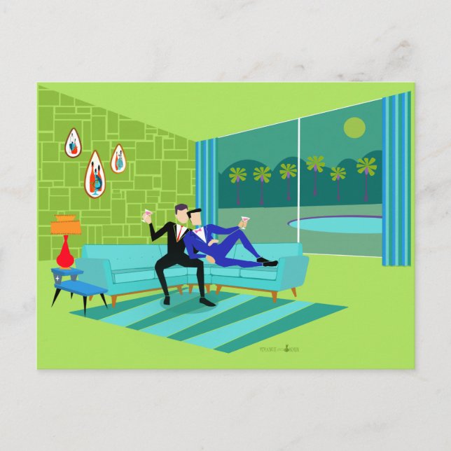 Retro Romantic Gay Couple Postcard-inbjudan Inbjudan Vykort (Framsida)