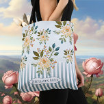 Retro Romantisk Blommig Brudtäsch Tygkasse<br><div class="desc">Romantisk totebag i vintage-stil med ränder på en elegant dammig blå gradientbakgrund med vackra blommor. Etiketten är en separat bild och kan skalas eller raderas om du inte behöver den. Du kan också lägga till en anpassad rektangulär bakgrundsform för din text. Perfekt för en brud eller någon som är relaterad...</div>
