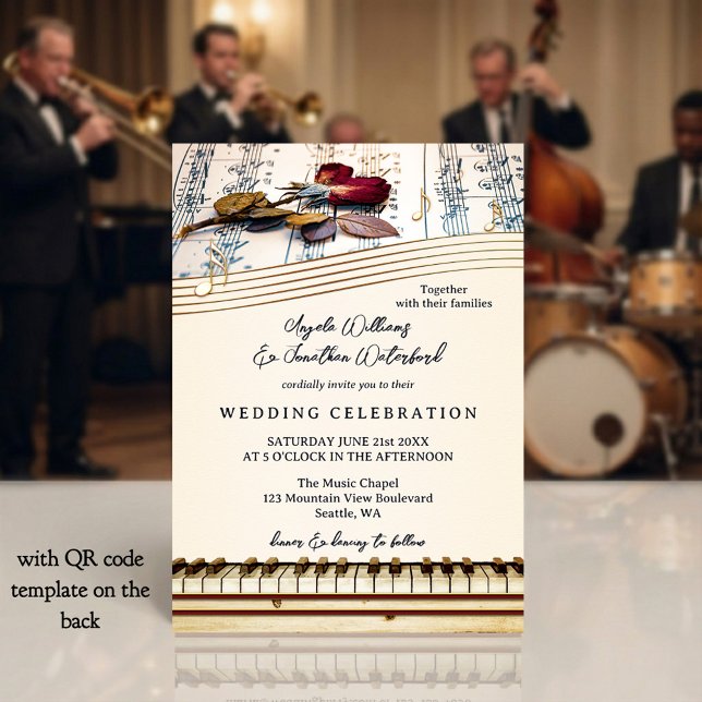 Retro Romantisk Klassisk Musik Ros Bröllop Inbjudningar (Music themed wedding invitation with vintage roses and a piano keyboard - with QR code template)