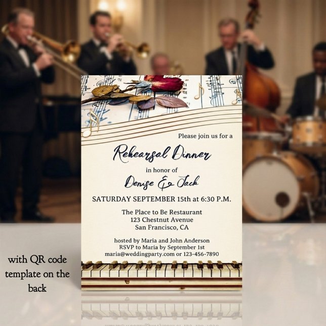 Retro Romantisk Musik Tematisk Övningsmiddag Inbjudningar (Elegant retro music themed wedding rehearsal dinner invitation with roses and a piano keyboard)