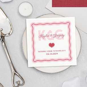 Retro Romantisk Vågig Ram Hjärtmonogram Bröllop Pappersservett