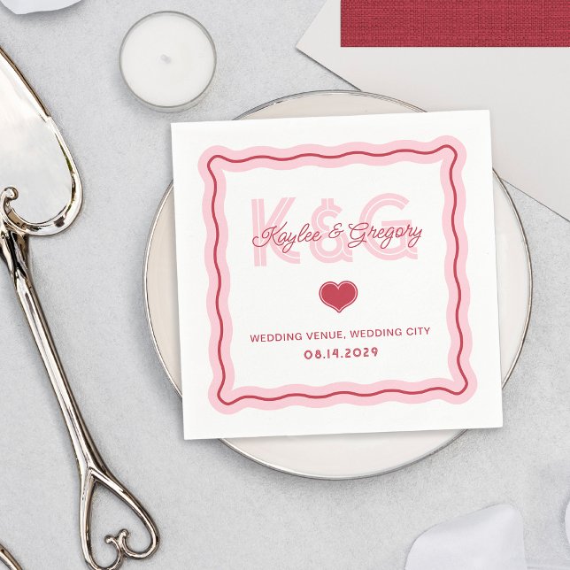 Retro Romantisk Vågig Ram Hjärtmonogram Bröllop Pappersservett (Skapare uppladdad)