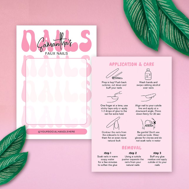 Retro Rosa Akryl Neglvård Guide Visningskort (Trendy faux nails display cards with care & application guide on the back)