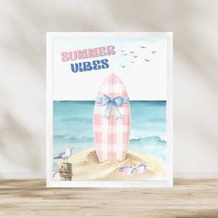 Retro Rosa Blå Surfbräda Sommar Vibes Akvarell Poster