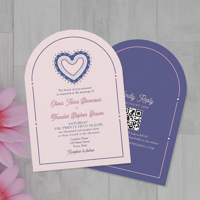 Retro Rosa & Blå Valvbåge Bröllopsinbjudan + QR Inbjudningar (Skapare uppladdad)
