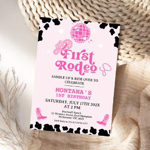Retro Rosa Black Disco First Rodeo 1:a födelsedage Inbjudningar