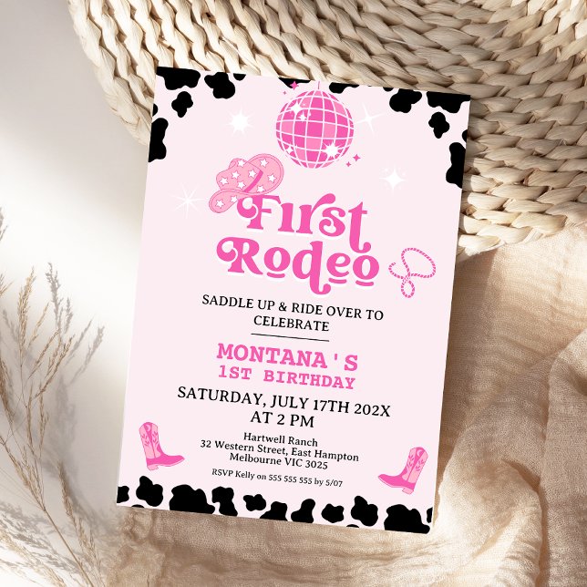 Retro Rosa Black Disco First Rodeo 1:a födelsedage Inbjudningar (Girls First Rodeo Invitation Cowgirl Birthday Invite Cowgirl 1st Rodeo Southwestern Ranch Wild West )