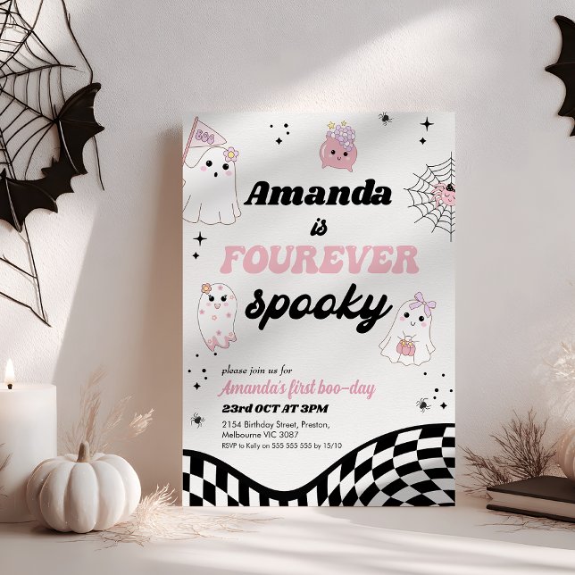 Retro Rosa Black Fourever Spooky 4e födelsedagen Inbjudningar (Girls Fourever Spooky 4th Birthday Invitation, Halloween Fourever Spooky Birthday Invitation, Pink)