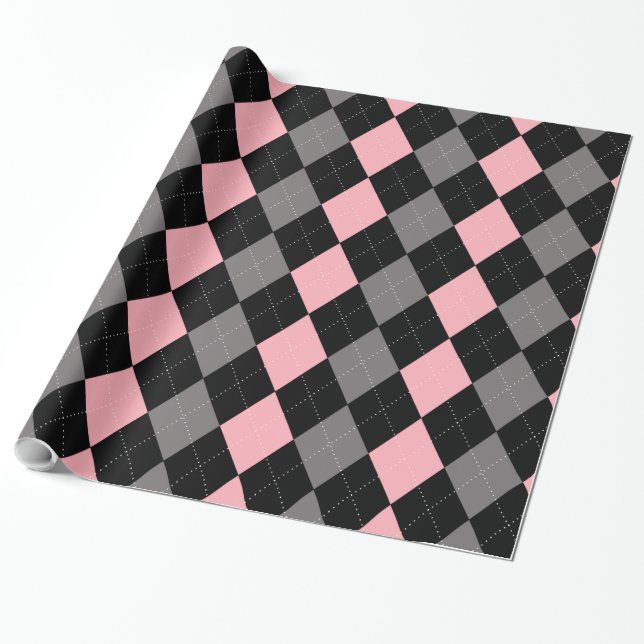 Retro Rosa Black Grått Argyle Presentpapper (Utrullad)