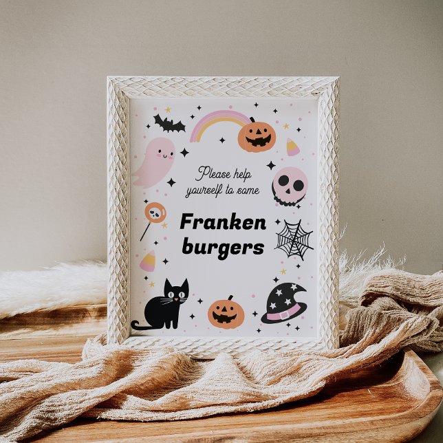 Retro Rosa Black Halloween Födelsedagsfest-tecken Fototryck (Halloween Birthday party Sign Girl Pink Ghost Black Cat Hey Boo Halloween Birthday Food Sign Retro)
