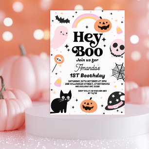 Retro Rosa Black Halloween Hej Boo 1:a födelsedage Inbjudningar