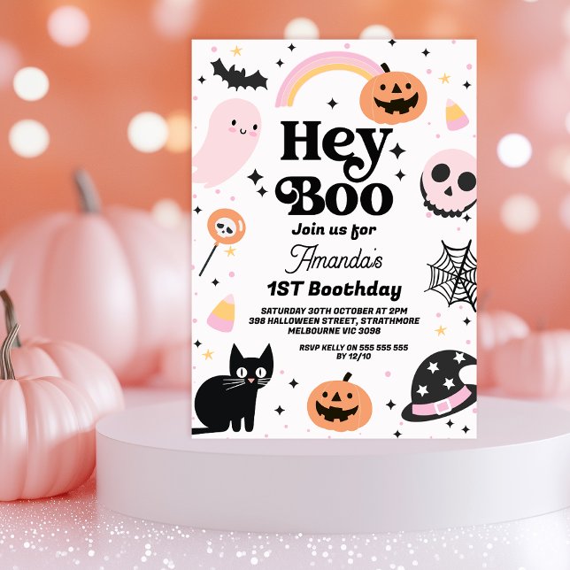 Retro Rosa Black Halloween Hej Boo 1:a födelsedage Inbjudningar (Hey Boo Halloween 1st Birthday Invitation Black Cat Pink Ghost, Boo Retro Halloween Birthday Girl)