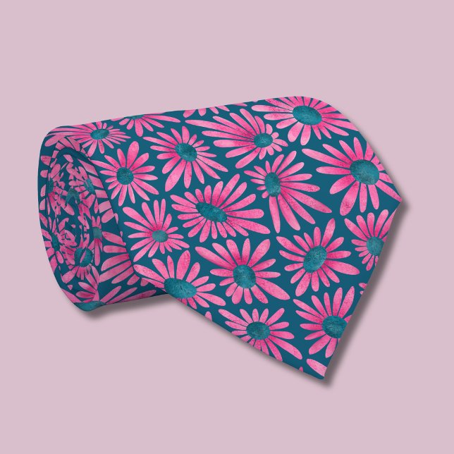 Retro Rosa Blommig Blocktryck Tusenskönor Slips (Pink floral daisy retro block print tie)