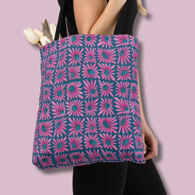 Retro Rosa Blommig Blocktryck Tusenskönor Tygkasse (Pink floral daisy retro block print tote bag)
