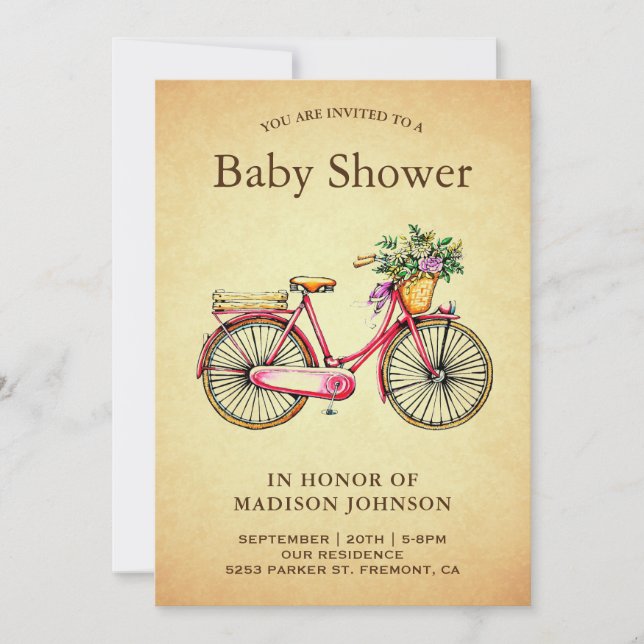 Retro Rosa Blommig Cykel Bebis Shower Inbjudningar (Framsida)