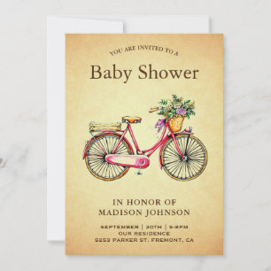 Retro Rosa Blommig Cykel Bebis Shower Inbjudningar