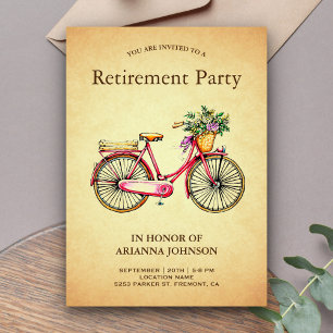 Retro Rosa Blommig Cykel Pensionärsfest Inbjudningar