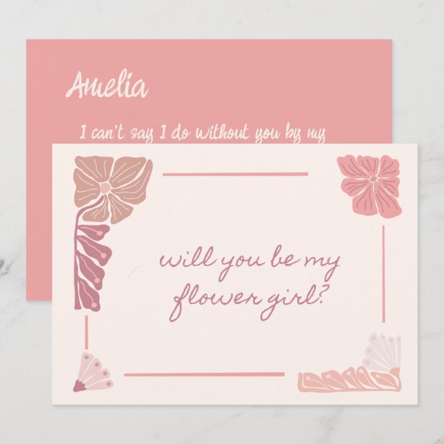 Retro Rosa Blommigt Handskriven Flower Girl Frieri Inbjudningar (Fram/baksida)