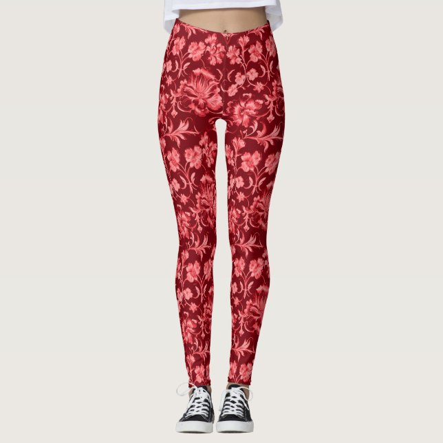 Retro Rosa Blommigt på Maron Leggings (Framsida)