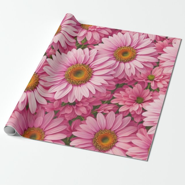 Retro rosa blomster mönster med tusenskönor presentpapper (Utrullad)