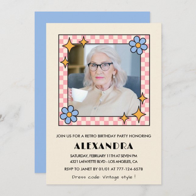 Retro Rosa Blue Blommigt Photo 99:e födelsedag Inbjudningar (Fram/baksida)
