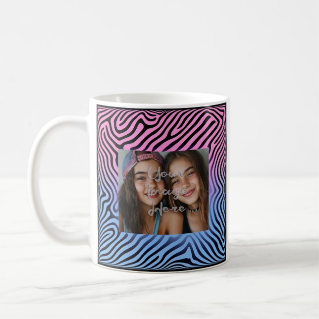 Retro Rosa Blue Gradient Zebra Rand Photo Ram Kaffemugg (Vänster)