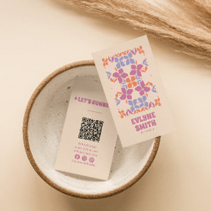 Retro Rosa Blue Groovy Blommigt Girly Boho QR-kod Visitkort
