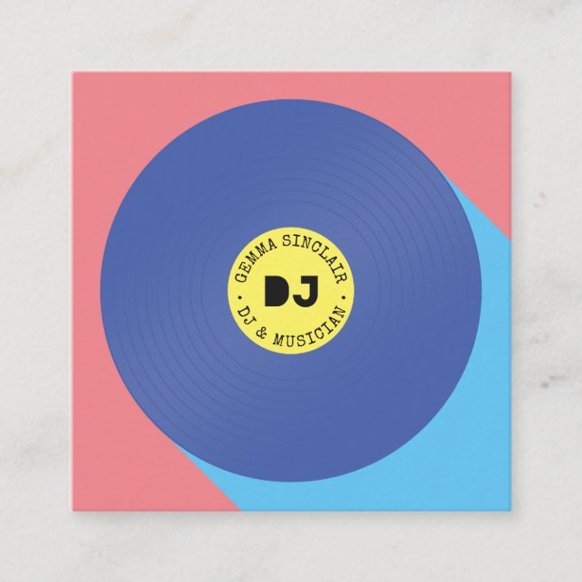 Retro rosa blue modern musik dj vinylmusiker fyrkantigt visitkort (Framsida)