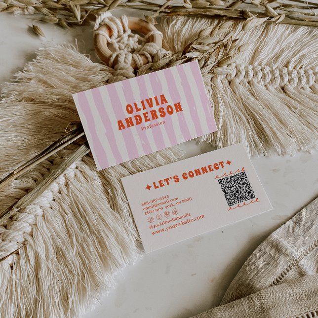 Retro Rosa Boho Groovy Streck Girly QR-kod Visitkort (Skapare uppladdad)
