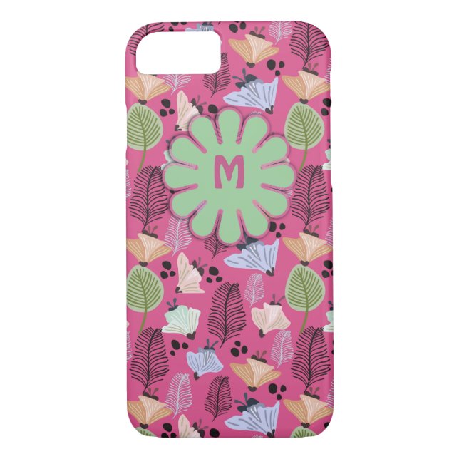 Retro Rosa botaniska blommor Monogram Case-Mate iPhone Skal (Baksida)